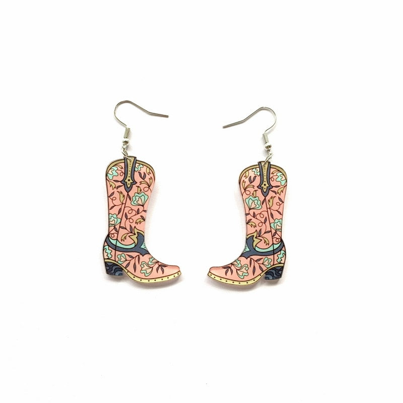 Antique Flower Cowgirl Boots Dangle Earrings For Women