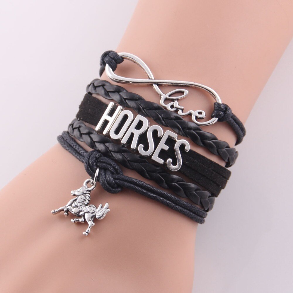 Infinity love HORSES women bracelet horse charm leather braid wrap handmade bracelets & bangles