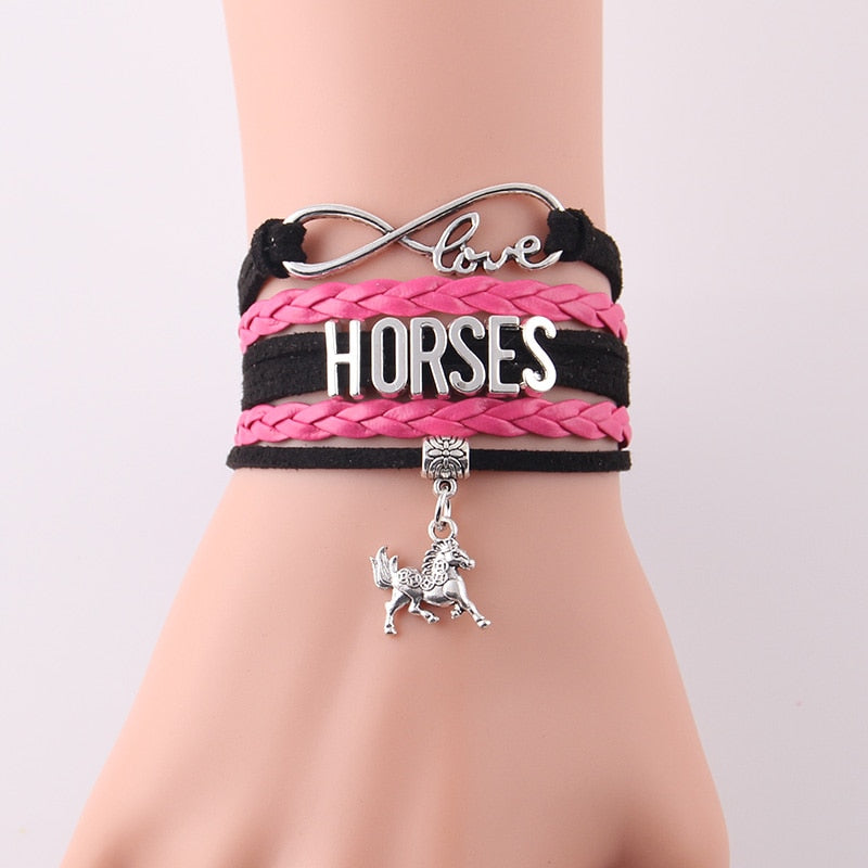 Infinity love HORSES women bracelet horse charm leather braid wrap handmade bracelets & bangles