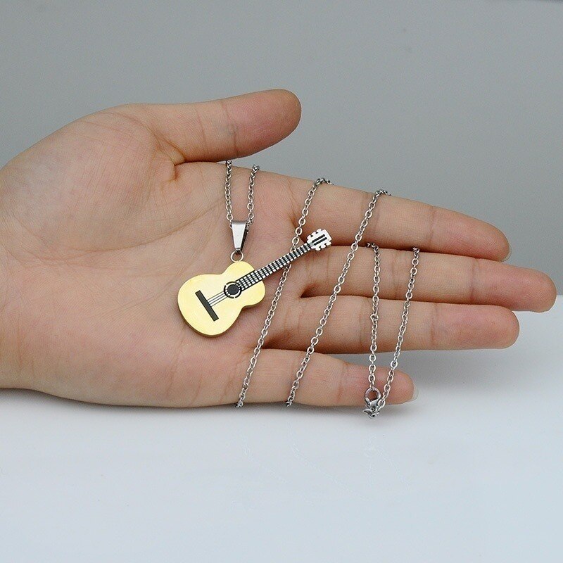 Rock N Roll Two Tone Gold Color Titanium Stainless Steel Music Guitar Pendant Necklace for Country Music Dudes