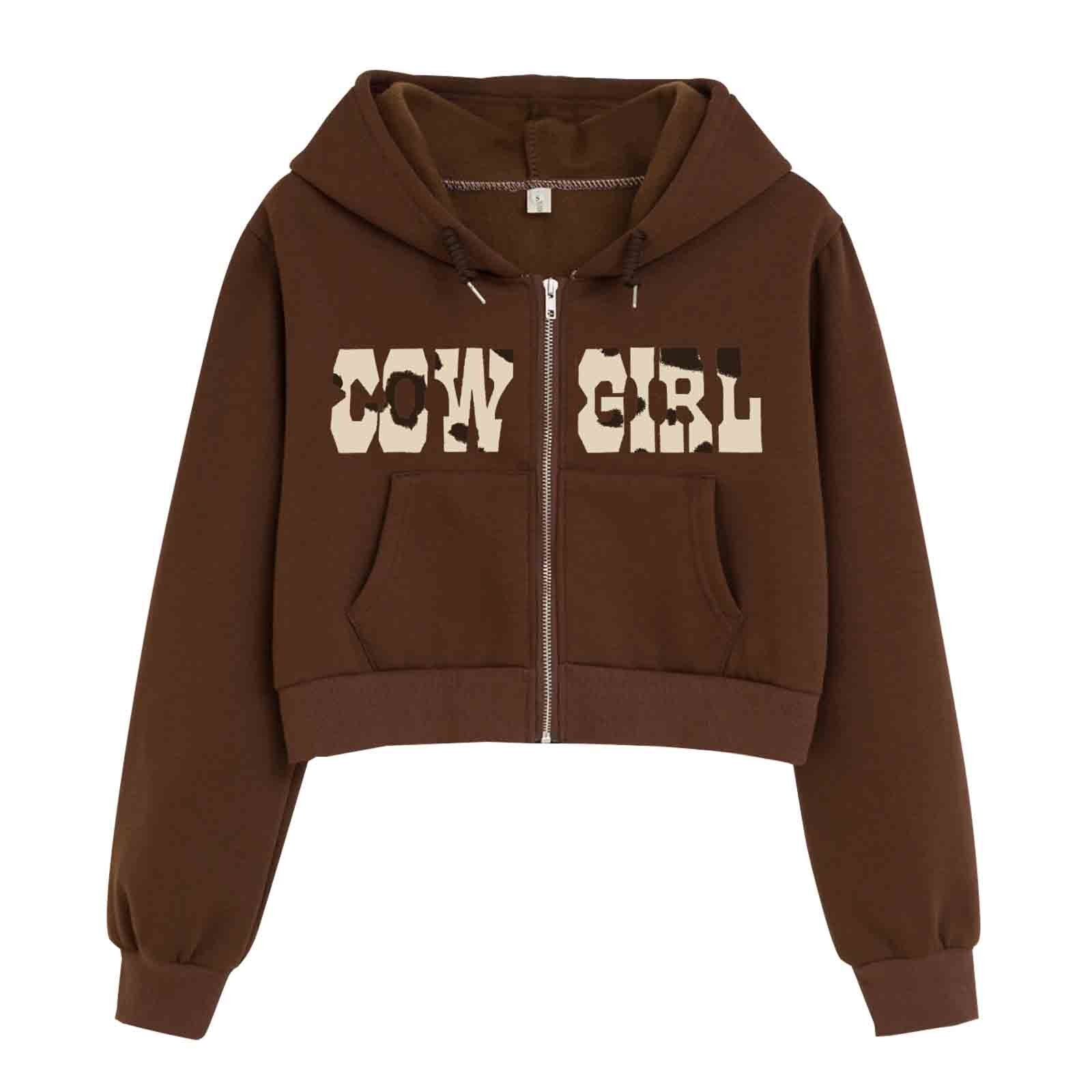 Country As Truck© Cowgirl Casual Zip Up Cropped Brown Hoodies