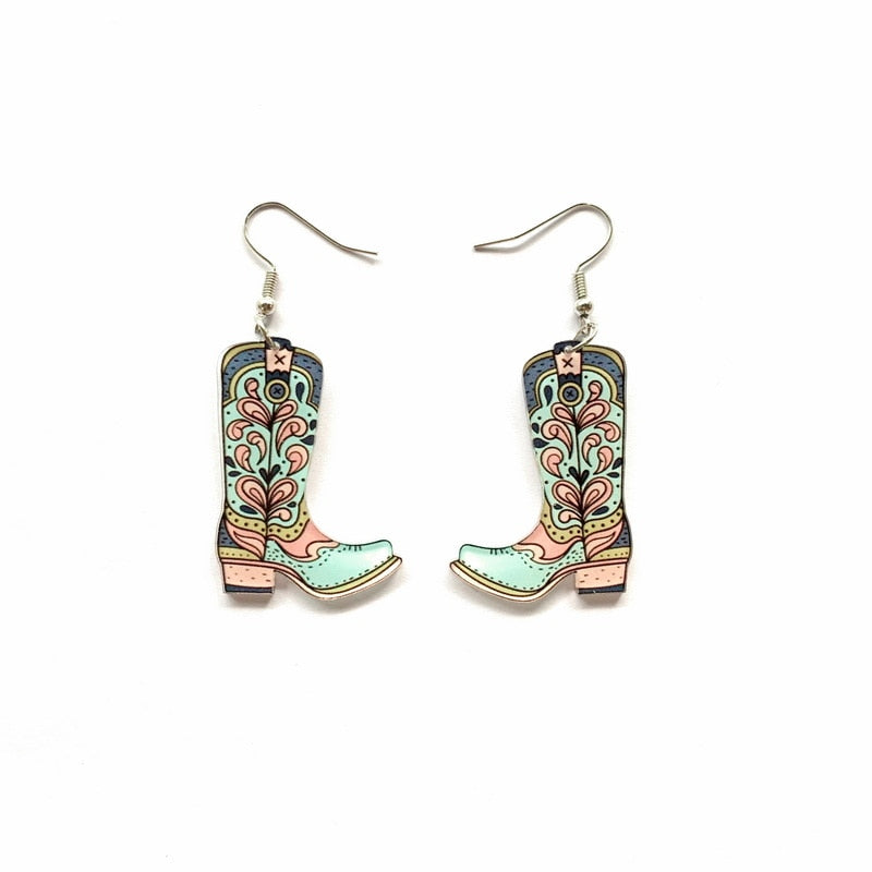 Antique Flower Cowgirl Boots Dangle Earrings For Women