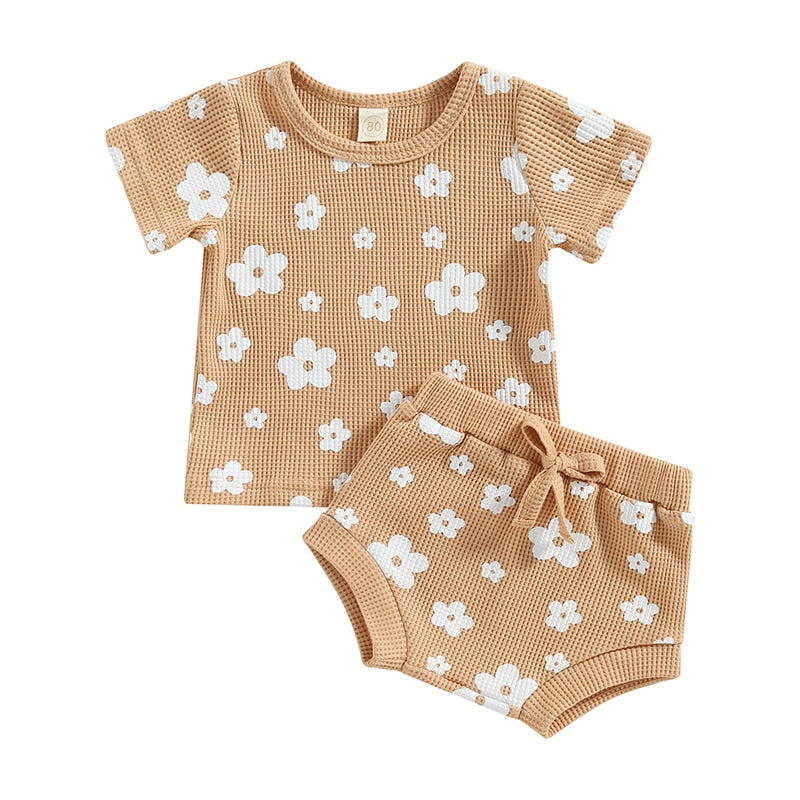 2023-02-11 Lioraitiin 0-18M Infant Baby Girl 2Pcs Summer Outfits Short Sleeve Waffle Knit Floral T-shirt Shorts Set