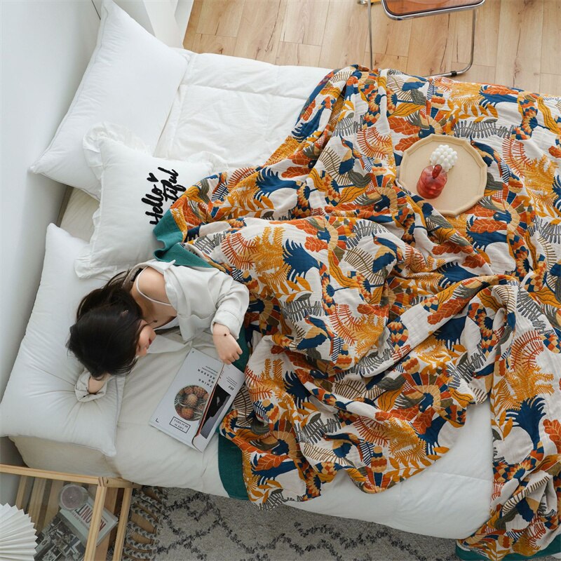 American Country Style Cotton Blanket Soft Gauze Sofa Cover Throw Blanket for Bedroom Bird Flower Leisure Bedspread for Chair