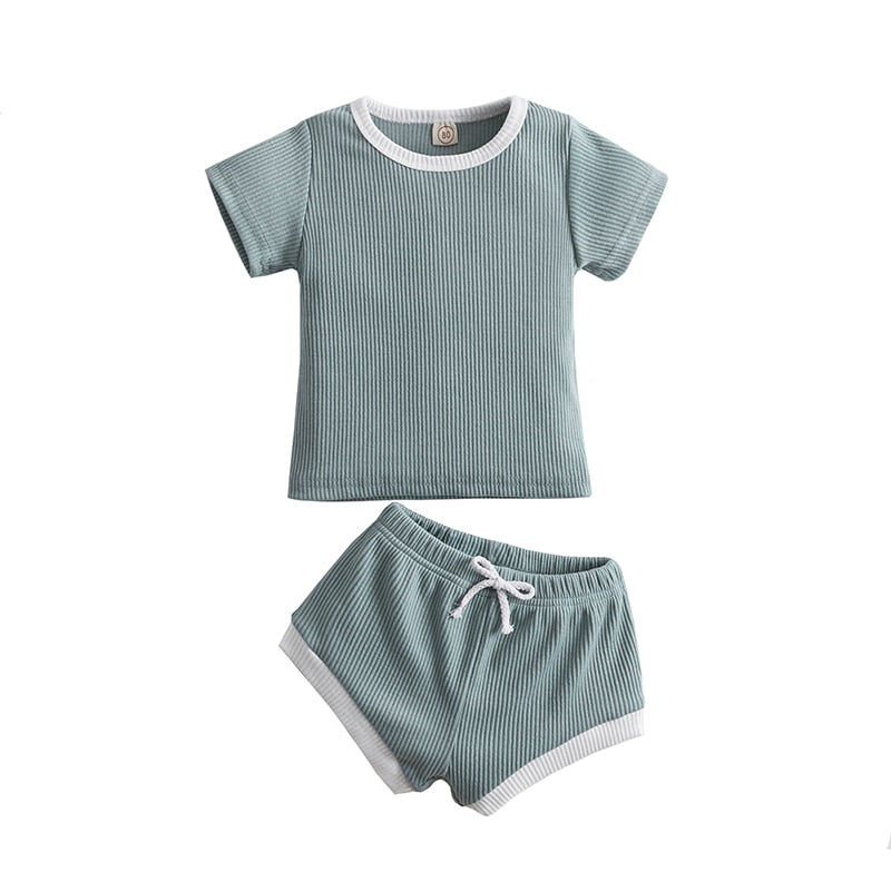 Newborn Baby Girls Boys Clothes Cotton Casual Short Sleeve Tops T-shirt+Shorts Ribbed Knitt Tracksuits Toddler Infant Outfit Set
