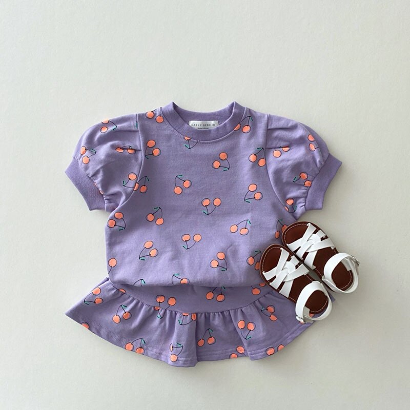 2023 Summer Girl Clothes Set Printed Cherry Short Sleeve T-shirt Skirts 2PCS Toddler Girl Suit 1-5 Years Kids Infant Girl Outfit