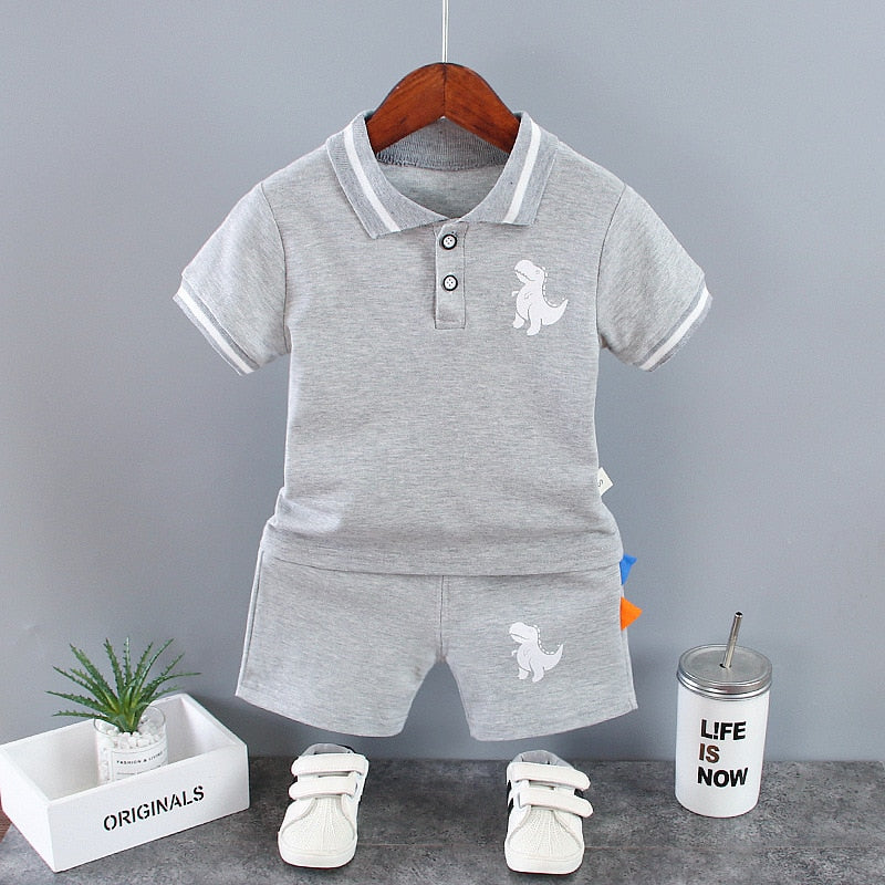 Summer Outfits for Baby Boys 9 to 12 Months Dinosaur Printed Turn-down Collar T-shirts Tops and Shorts 2PCS Infant Clothing Sets