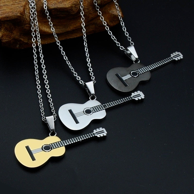 Rock N Roll Two Tone Gold Color Titanium Stainless Steel Music Guitar Pendant Necklace for Country Music Dudes