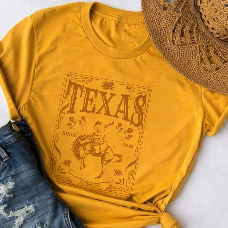 Texas Cowboy Rodeo Print Women T Shirt Summer Loose Vintage Western T-Shirt Cowgirl Cute Country Southern Tee Shirt Boho Clothes