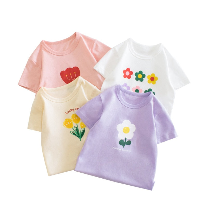 2-8T Country Toddler Kid Baby Girls Clothes Summer Cotton T Shirt Short Sleeve Infant Top Cartoon Flower Print